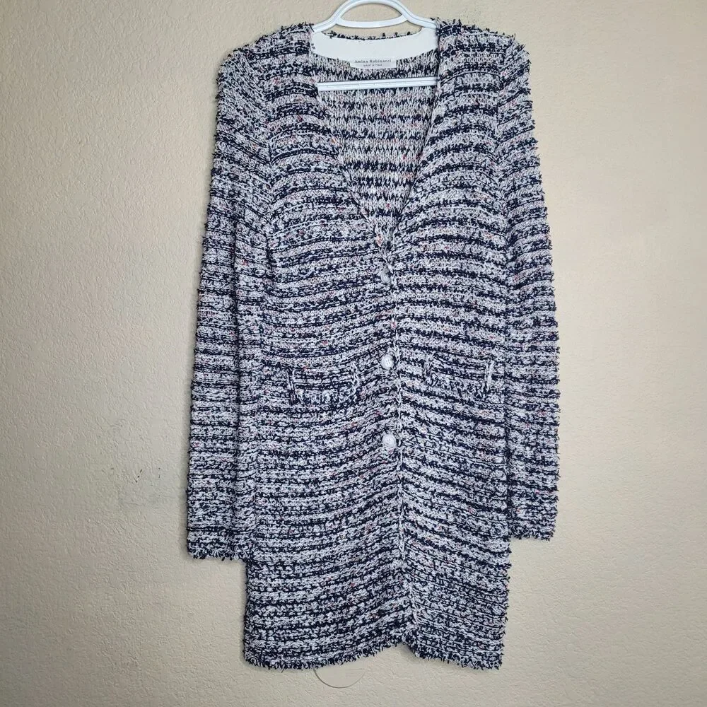 Amina Rubinacci Long Sweater Button Cardigan Size 40 Tweed Multicolor Italy